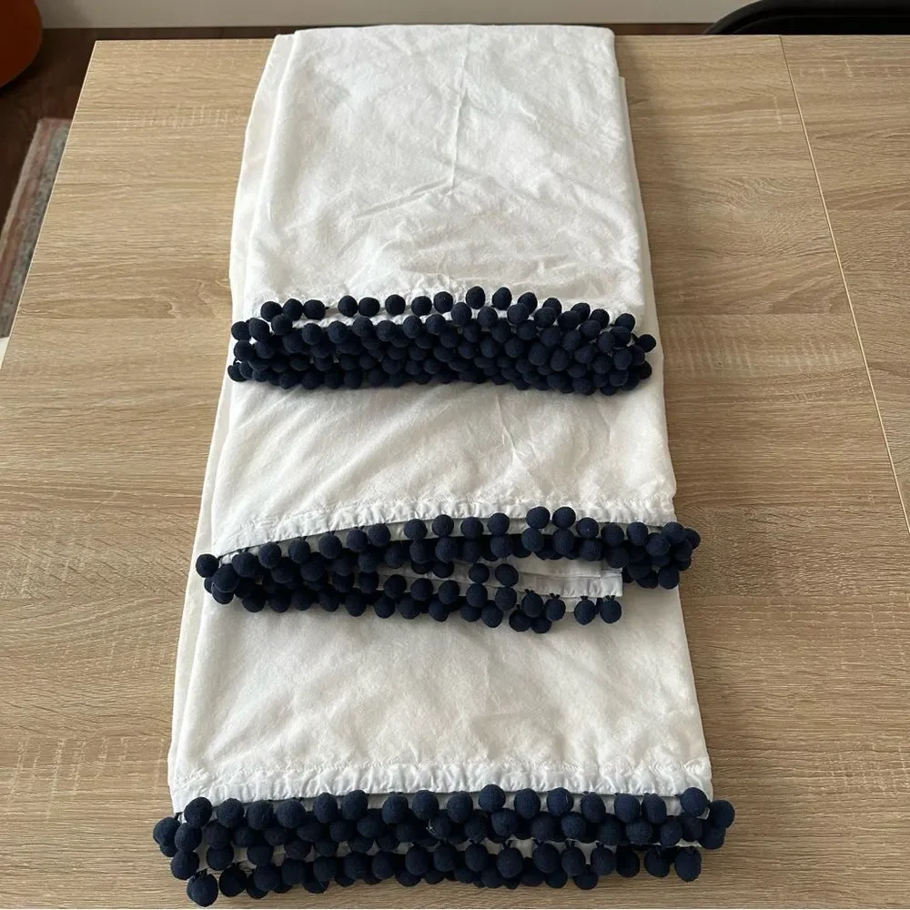 Pottery Barn Teen Sheer Curtains Drapes Navy Blue Pom Poms 44”x84” SET OF 3
